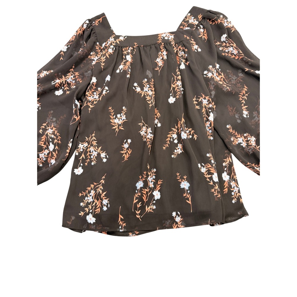 LC Lauren Conrad Floral Blouse Womens Large Black Square Neck Balloon Sleeve Top - Picture 6 of 8